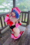 blue_hair bonnet bow corset cosplay detached_sleeves garter_straps lenfried monokini one-piece_swimsuit remilia_scarlet sling_bikini swimsuit thighhighs touhou wings rating:Safe score:0 user:nil!