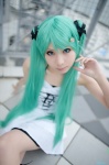 aqua_hair camisole cosplay hair_clips hair_ribbons hatsune_miku kanda_midori laces miniskirt pantyhose skirt twintails vocaloid world_is_mine_(vocaloid) rating:Safe score:6 user:nil!
