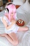 apron arai_yomi bed cake cosplay headphones nearly_naked_apron nitro_super_sonic pink_hair soniko_nuija_imashita super_soniko rating:Safe score:1 user:nil!