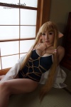 blonde_hair blouse bound chii_(chobits) chobits cleavage cosplay hairband momoiro_merankori one-piece_swimsuit open_clothes rope saku swimsuit rating:Safe score:0 user:nil!
