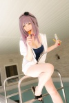 atsuki cleavage cosplay dagashi_biyori dagashi_kashi hairband hoodie one-piece_swimsuit purple_hair shidare_hotaru swimsuit rating:Safe score:0 user:nil!
