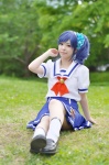 blue_hair cosplay hazuki_riko kiriya_aoi pantyhose pleated_skirt sailor_uniform school_uniform sheer_legwear side_ponytail skirt socks rating:Safe score:1 user:nil!