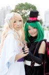 blonde_hair cape cosplay dress elbow_gloves gloves green_hair hairbow kurenai_aiki macross macross_frontier ranka_lee sheryl_nome top_hat yu-cco rating:Safe score:0 user:pixymisa