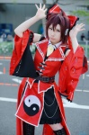 blouse boots cosplay detached_sleeves hairbow hakurei_reimu jacket nishiki red_hair skirt touhou vest rating:Safe score:1 user:nil!