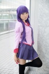 bakemonogatari blouse cosplay mochizuki_miuna pleated_skirt purple_hair school_uniform senjougahara_hitagi skirt thighhighs tie zettai_ryouiki rating:Safe score:0 user:pixymisa