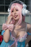 armbands babydoll cleavage cofi cosplay headphones nitro_super_sonic pink_eyes pink_hair super_soniko wristband rating:Safe score:1 user:pixymisa