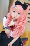 cosplay hairbow haruno_yun original pink_hair pleated_skirt sailor_uniform school_uniform skirt striped thighhighs rating:Safe score:0 user:nil!