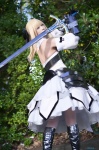 ageha blonde_hair boots breastplate cosplay detached_sleeves dress fate/series fate/unlimited_codes gauntlets hairbow pantyhose saber_lily sword white_legwear rating:Safe score:0 user:nil!