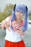blue_hair cosplay hair_ribbons hiiragi_kagami lucky_star miyu_(iii) pleated_skirt sailor_uniform school_uniform skirt twintails rating:Safe score:0 user:nil!