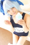 blue_hair cirno cosplay hairbow lenfried one-piece_swimsuit school_swimsuit striped swimsuit thighhighs touhou wings rating:Safe score:0 user:nil!