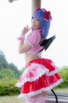 blouse blue_hair bonnet bow cosplay croptop half_skirt_open_front lenfried remilia_scarlet tail tail_plug thighhighs touhou wings rating:Safe score:0 user:nil!
