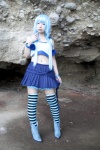 asakura_kana beach blue_hair boots cosplay croptop gundam msm-07_z'gok pleated_skirt skirt striped tank_top thighhighs zettai_ryouiki rating:Safe score:3 user:nil!