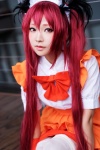 apron asae_ayato bow cosplay cthugha hairband hairbows haiyore!_nyaruko-san maid maid_uniform pleated_skirt red_eyes red_hair skirt thighhighs rating:Safe score:0 user:pixymisa