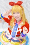 aikatsu! blonde_hair blouse cosplay hairbow hoshimiya_ichigo miniskirt nariko skirt tie rating:Questionable score:0 user:nil!