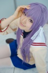 clannad cosplay fujibayashi_kyou hair_ribbons pleated_skirt purple_hair sailor_uniform saya school_uniform skirt thighhighs rating:Safe score:2 user:nil!