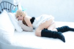 aizawa_hikaru bed blonde_hair blue_light cosplay detached_sleeves dress hairbows legwarmers panties pude silverlight twintails rating:Safe score:7 user:nil!