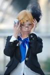 blazer blonde_hair blouse blue_eyes cosplay glare_(vocaloid) glasses hair_clips kagamine_rin looking_over_glasses microphone mineo_kana tie vocaloid rating:Safe score:2 user:pixymisa