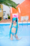 aqua_hair bikini cleavage cosplay hatsune_miku headset mashiro_yuki pool project_diva swimsuit twintails vocaloid wet rating:Safe score:0 user:nil!