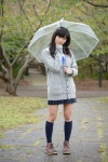 blouse braid cardigan kneesocks nanaka_amanonanae pleated_skirt rain scarf skirt umbrella rating:Safe score:0 user:pixymisa