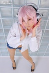blouse cosplay denim headphones natsumi_(ii) nitro_super_sonic pantyhose pink_eyes pink_hair sheer_legwear shorts super_soniko rating:Safe score:0 user:pixymisa