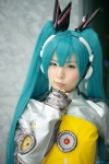 aqua_hair blouse cosplay fingerless_gloves gloves hairbows hatsune_miku headphones maitako twintails vocaloid rating:Safe score:0 user:pixymisa