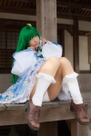 cosplay detached_sleeves green_hair kochiya_sanae lenfried miniskirt panties skirt socks touhou rating:Safe score:0 user:nil!