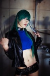 cosplay croptop green_hair jacket knives shorts takamura_aoi yurikawa_saki zombie-ya_reiko rating:Safe score:0 user:nil!