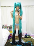 aqua_hair bikini camera cosplay hatsune_miku headset leggings luchiino self-shot swimsuit twintails vocaloid rating:Safe score:10 user:nil!