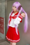 cosplay hair_ribbons hiiragi_kagami ibara kneesocks lucky_star miniskirt pleated_skirt purple_hair sailor_uniform school_uniform skirt twintails rating:Safe score:0 user:nil!
