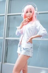 blouse cosplay headphones itsuki_akira nitro_super_sonic pink_hair shorts super_soniko rating:Safe score:0 user:pixymisa