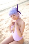 ayane_(doa) beach cleavage cosplay dead_or_alive headband ocean one-piece_swimsuit purple_hair swimsuit tachibana_minami rating:Safe score:0 user:nil!