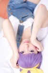 cosplay hairbow hakuhi_kaede hiiragi_tsukasa lucky_star overalls purple_hair tshirt rating:Safe score:0 user:pixymisa