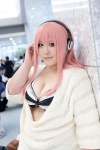 bikini_top cleavage cosplay headphones nitro_super_sonic pink_hair saeki_rinri striped super_soniko sweater swimsuit rating:Safe score:1 user:pixymisa