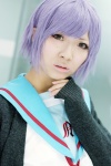 cardigan cosplay mau nagato_yuki purple_hair school_uniform suzumiya_haruhi_no_yuuutsu rating:Safe score:0 user:pixymisa