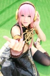aira boots cosplay default_costume detached_sleeves dress headset megurine_luka pink_hair sleeveless_blouse thighhighs vocaloid rating:Safe score:4 user:lolzin