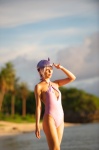 ayane_(doa) beach cleavage cosplay dead_or_alive headband ocean one-piece_swimsuit purple_hair swimsuit tachibana_minami wet rating:Safe score:0 user:nil!