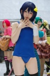 bandage blue_eyes blue_hair chuunibyou_demo_koi_ga_shitai! cosplay hairbow swimsuit takanashi_rikka thighhighs yuihara_hinase rating:Safe score:4 user:pixymisa