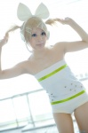 blonde_hair cosplay hairbow hair_clips headphones kagamine_rin one-piece_swimsuit pantyhose project_diva sheer_legwear swimsuit vocaloid yuyu_kaname rating:Safe score:2 user:nil!