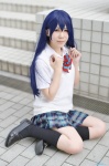 blouse blue_hair cosplay kai kneesocks love_live!_school_idol_project pleated_skirt school_uniform skirt sonada_umi sweater_vest rating:Safe score:0 user:nil!