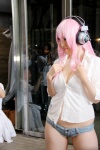 blouse cleavage cosplay cyborg_nene headphones nitro_super_sonic pink_hair shorts super_soniko rating:Safe score:1 user:pixymisa