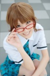 ahoge akizuki_ritsuko blouse chamaro cosplay glasses idolmaster pantyhose pleated_skirt school_uniform sheer_legwear skirt tie twin_braids rating:Safe score:0 user:nil!