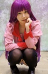 bakemonogatari blouse cosplay panties pleated_skirt purple_hair reco school_uniform senjougahara_hitagi skirt thighhighs tie zettai_ryouiki rating:Safe score:1 user:pixymisa