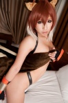 ahoge bed bikini_bottom blazblue cleavage cosplay fingerless_gloves gloves makoto_nanaya multi-colored_hair non_(ii) squirrel_ears swimsuit tail thighhighs topless rating:Questionable score:1 user:nil!