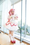 bows choker cosplay dress gloves hairbow kaname_madoka kneehighs kujyou_konegi petticoat pink_hair plushie puella_magi_madoka_magica red_eyes tiered_skirt twintails rating:Safe score:1 user:pixymisa