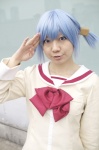 blouse blue_hair cosplay naganohara_mio nanahara_mai nichijou pleated_skirt scarf school_uniform skirt twintails rating:Safe score:0 user:pixymisa