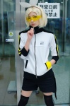 blonde_hair chamaro cosplay hairbow hair_clips kagamine_rin kuusou_palette_(vocaloid) shorts thighhighs track_jacket visor vocaloid rating:Safe score:0 user:nil!