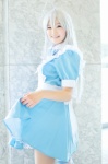ahoge apron bowtie cosplay dress haiyore!_nyaruko-san kinako_(ii) kneehighs nyaruko striped white_hair rating:Safe score:0 user:pixymisa