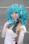 aqua_hair camisole cosplay elbow_gloves gloves hatsune_miku headset necoco racing_miku twintails vocaloid rating:Safe score:1 user:nil!