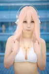 bikini cleavage cosplay momokawa_hina necklace nitro_super_sonic pink_eyes pink_hair super_soniko swimsuit rating:Safe score:1 user:pixymisa