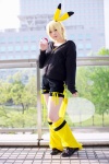 blonde_hair blouse cosplay leggings mouse_ears omi pikachu pokeball pokemon shorts track_jacket rating:Safe score:1 user:pixymisa